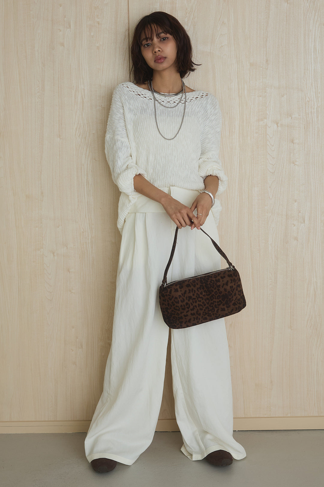 [SET]ネック編みデザインニットトップス+ウエスト折り返しワイドパンツ(2set)