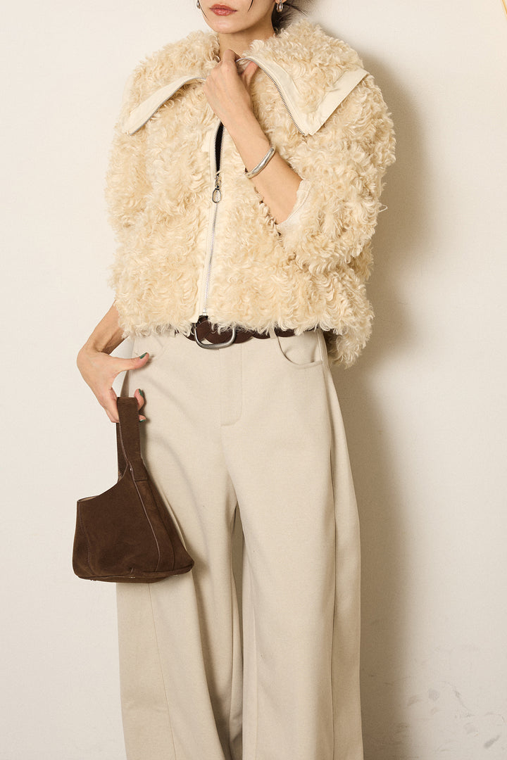 [SET]ビッグカラープードルボアアウター+編みベルト付きワイドパンツ(2set)