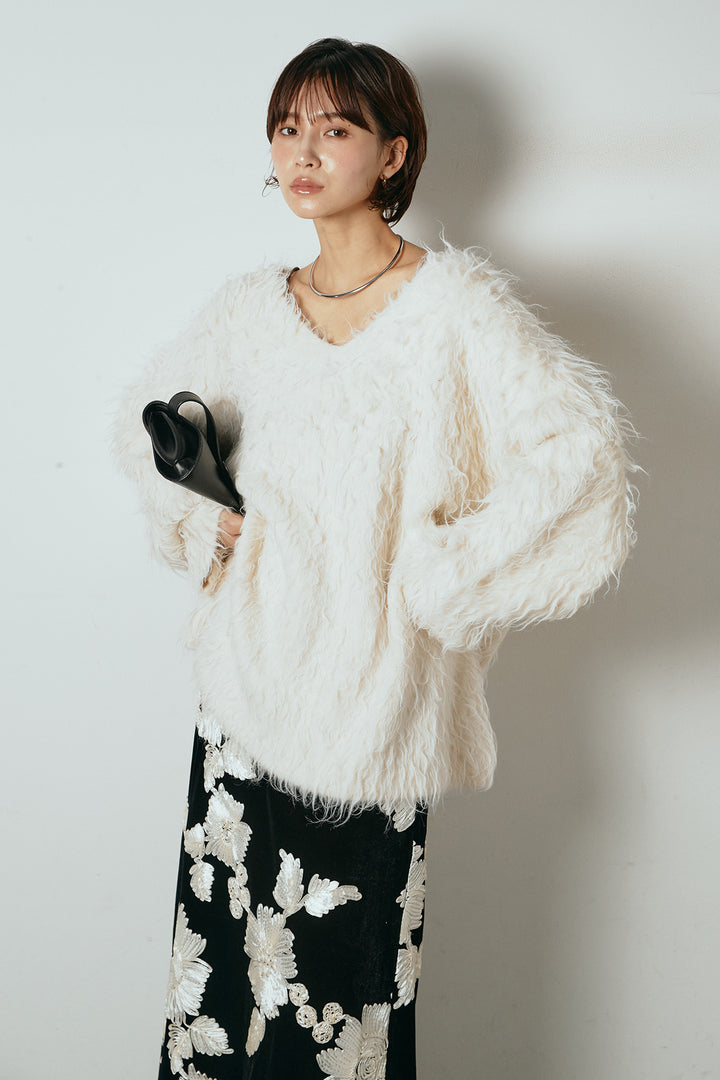 [SET]深Vネックシャギーニットトップス+フラワー刺繍ワイドスカート(2set)