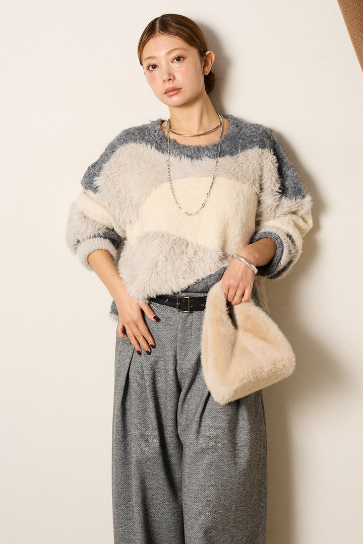 [SET]シャギーウェーブ柄クルーネックニットトップス+細ベルト付き起毛タックワイドパンツ(2set)