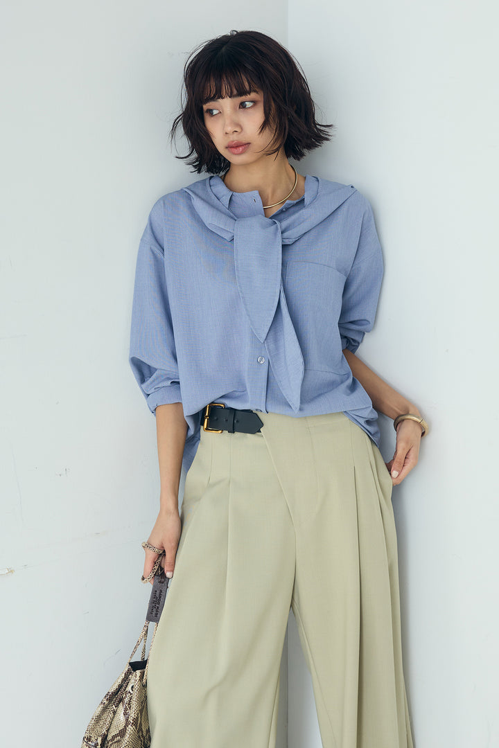 [SET]無地タイ付フーディーBIGシャツ+サイドベルトタック入りスラックス(2set)