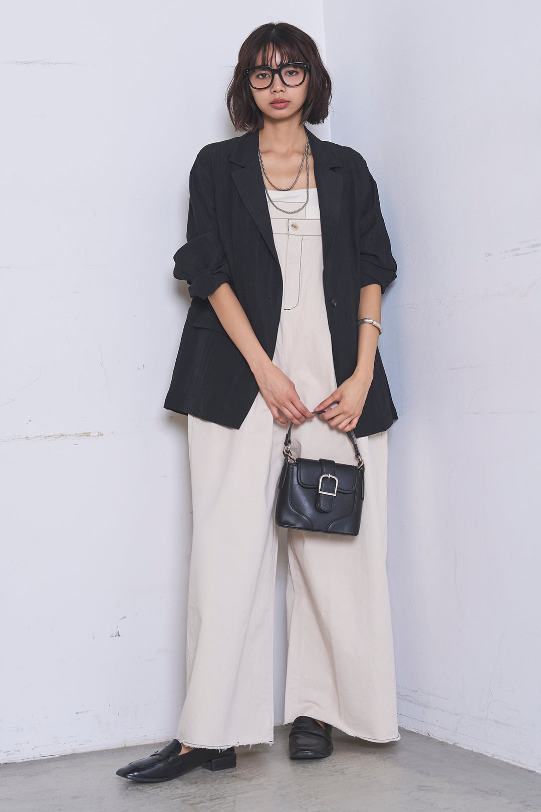 [SET]リネンブレンドテーラードシアージャケット+綿ツイルアシメサロペット(2set)