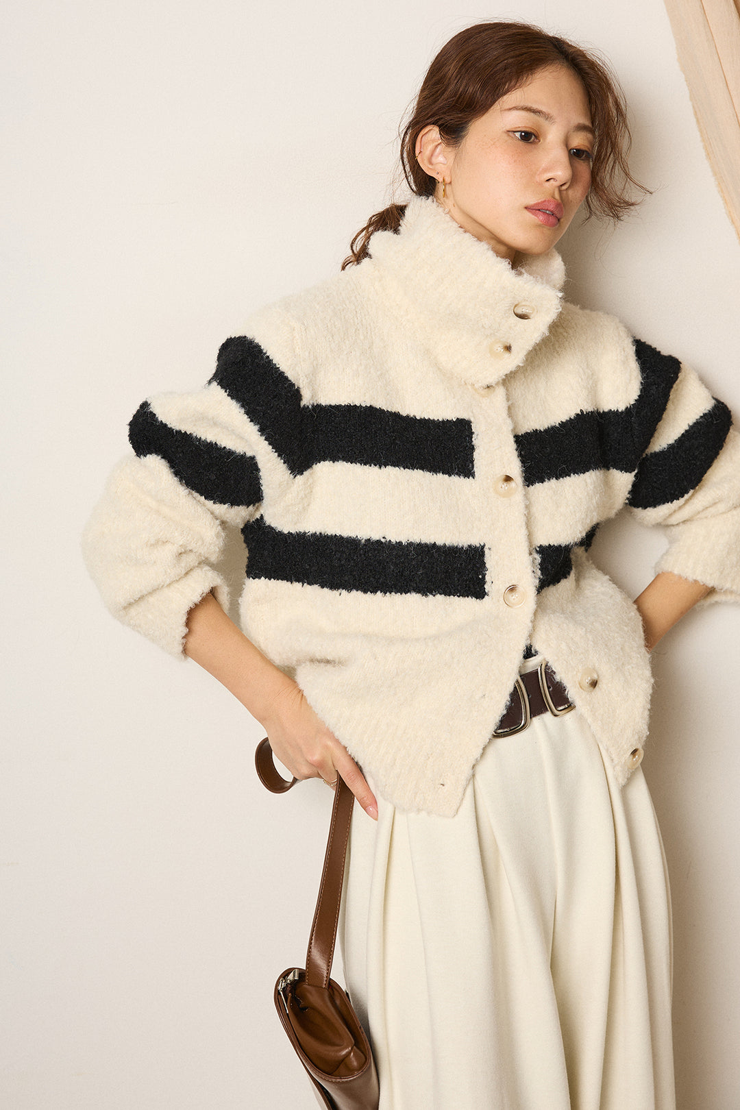 [SET]ハイネックボーダーニットカーディガン+フェイクレザー太ベルト付きタックワイドパンツ(2set)