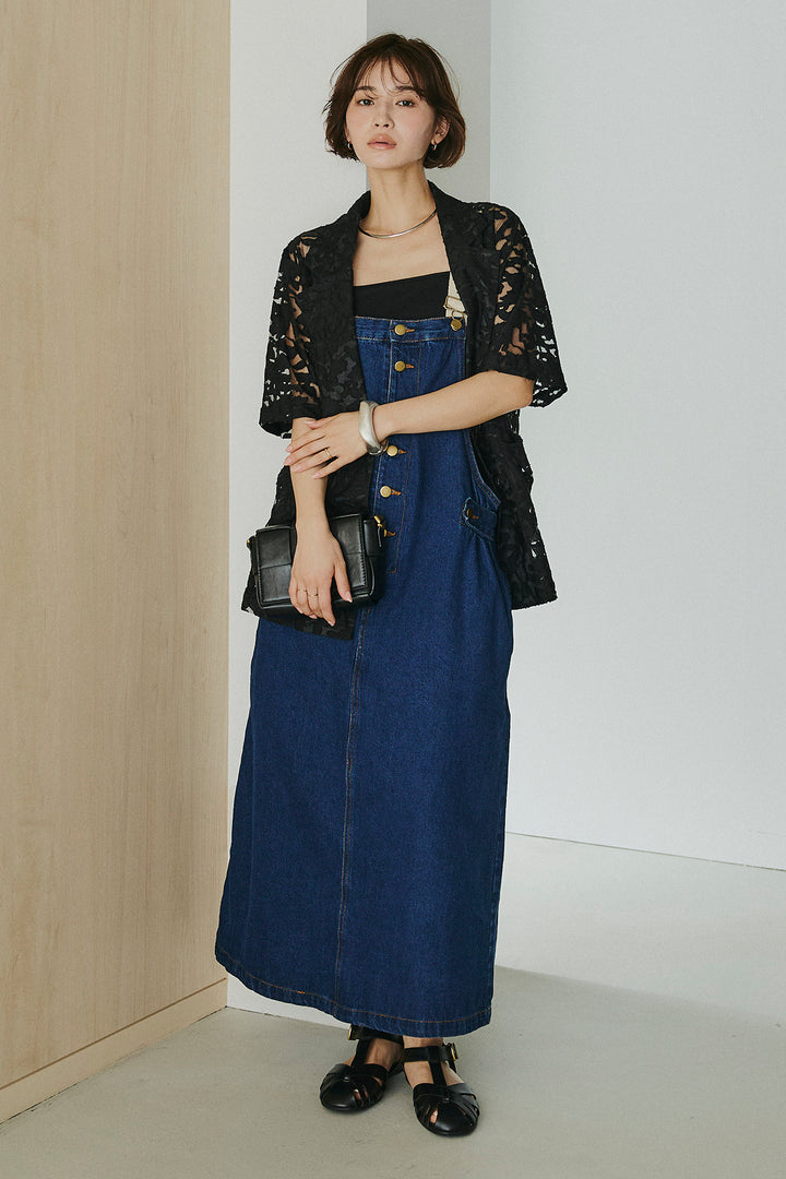 [SET]シアージャガードハーフスリーブテーラードジャケット+配色ショルダーデニムサロペットスカート(2set)