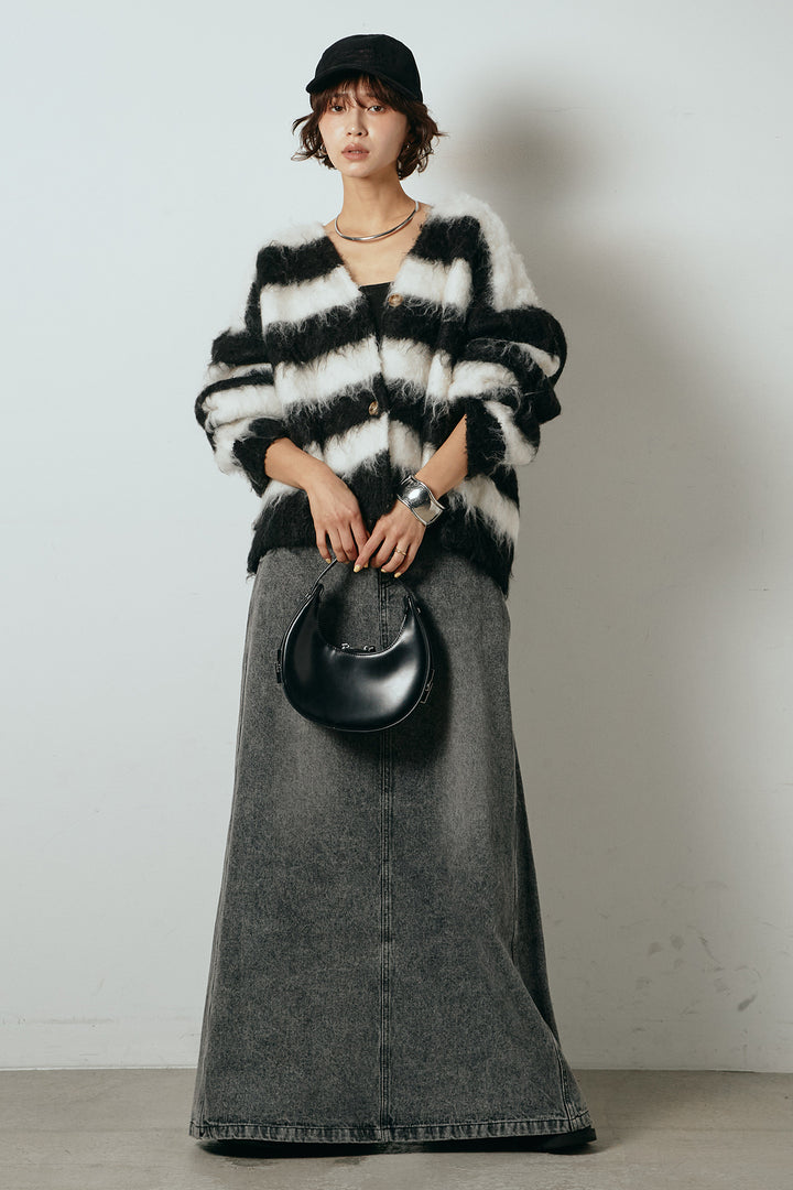 [SET]シャギーボーダー柄ニットカーディガン+デニムロングフレアスカート(2set)