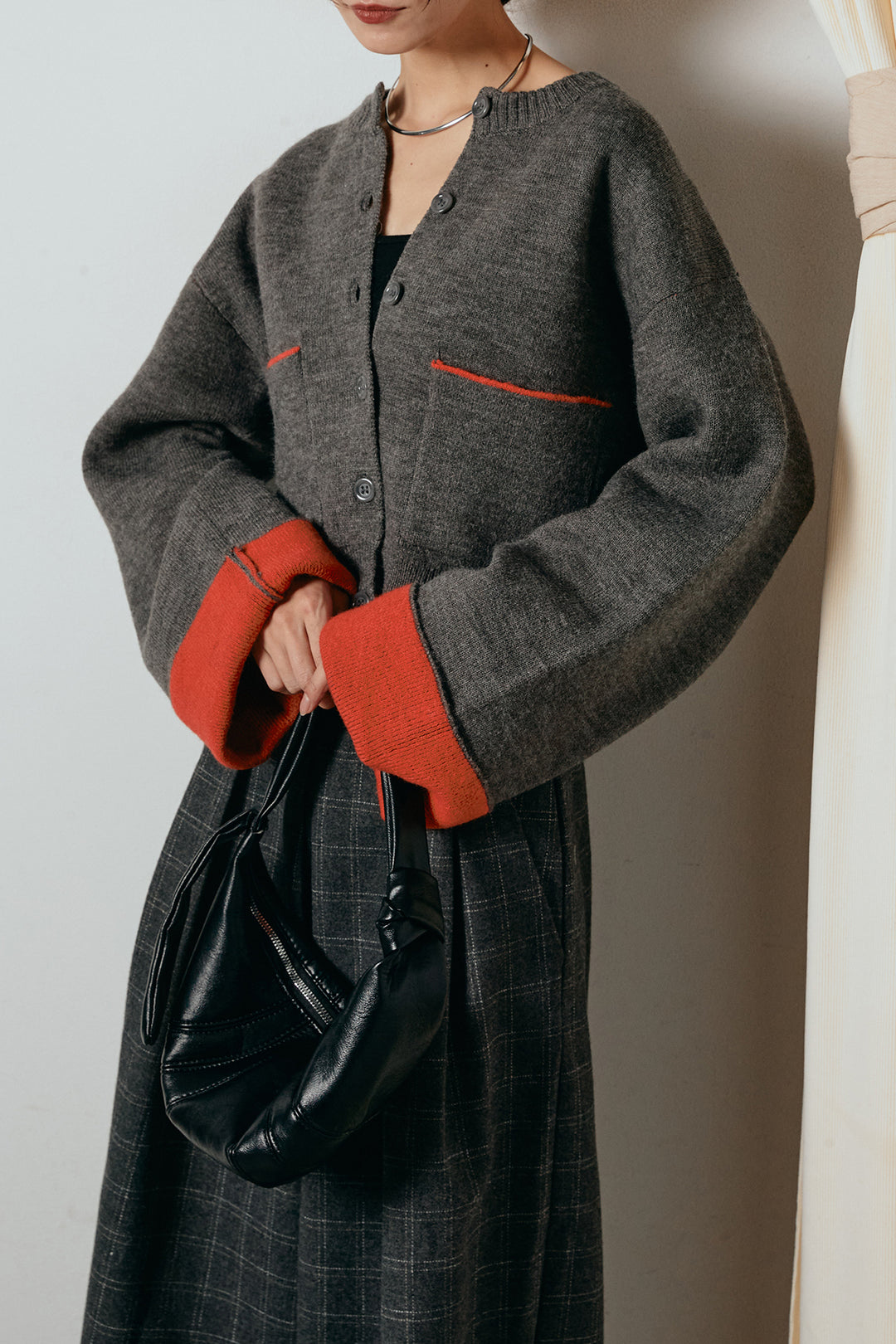 [SET]アルパカタッチダブルフェイスカーディガン+ウールライクチェックタックパンツ(2set)