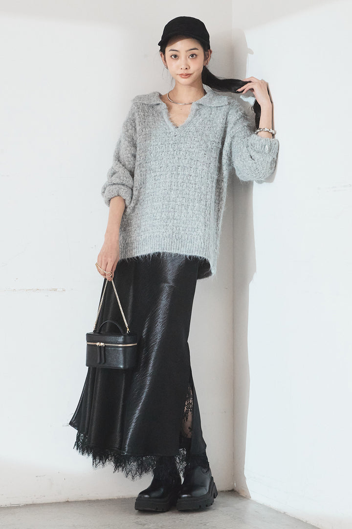 [SET]襟付きVネックニットトップス+裾レースデザインサテンスカート(2set)