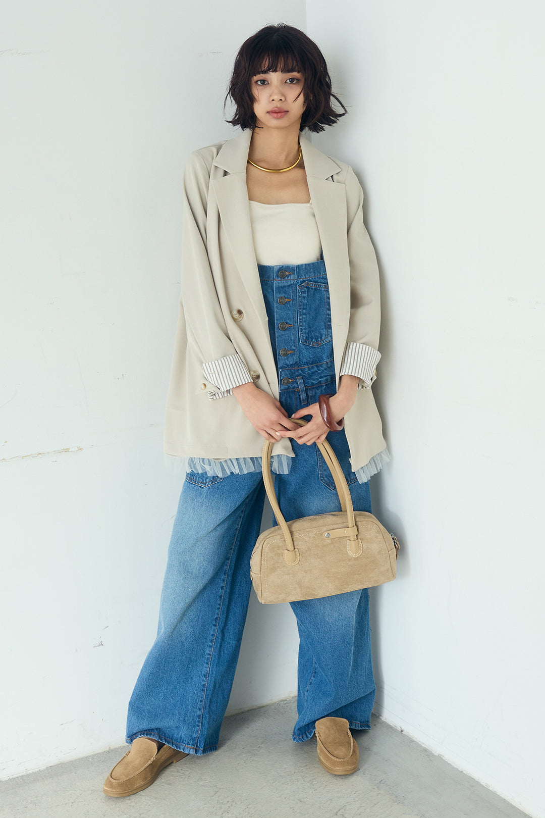 [SET]裾フリルダブルジャケット+デニムサロペットワイドパンツ(2set)