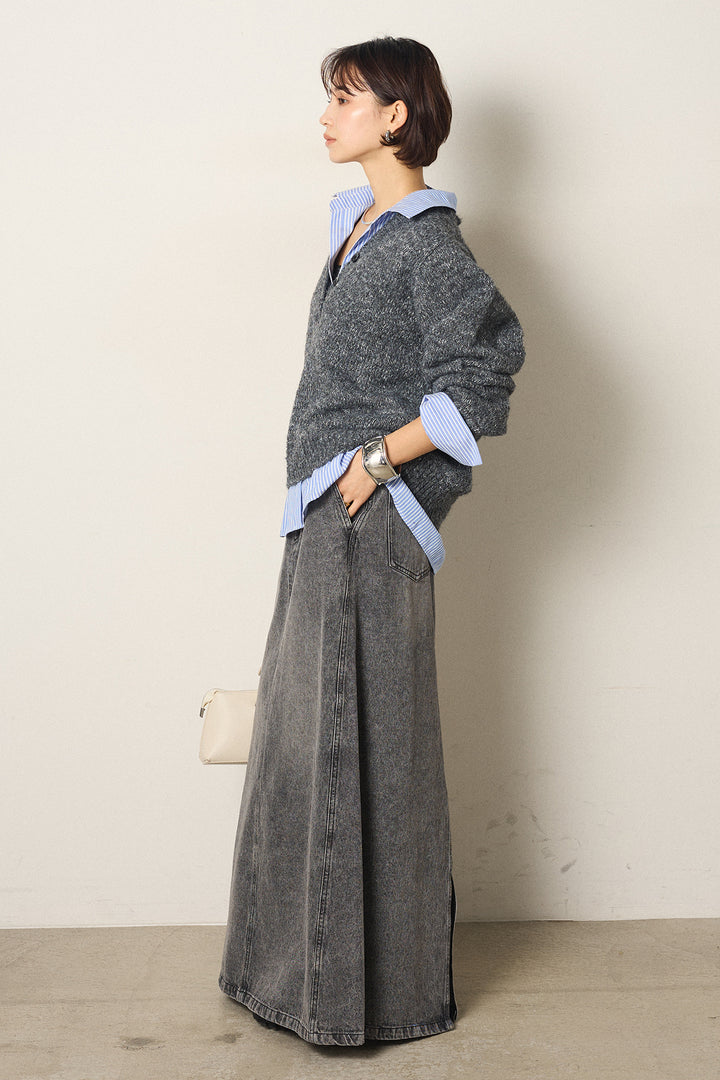 [SET]ストライプシャツドッキングニットポロトップス+デニムロングフレアスカート(2set)