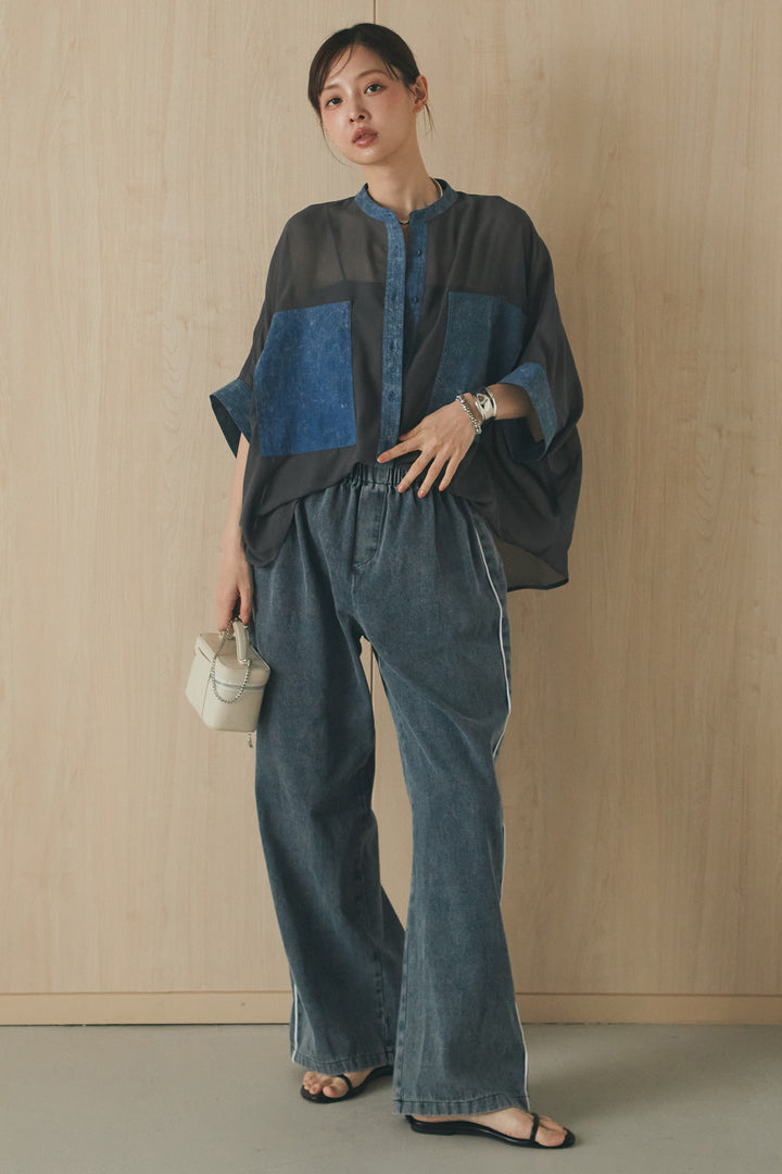 [SET]デニムライクビッグツーポケシアーシャツ+ドロストサイドラインデニムパンツ(2set)