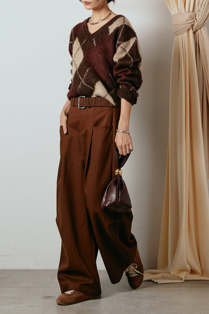 [SET]アクリルモヘアアーガイルVネックプルオーバー+太ベルト付きタックデザインワイドパンツ(2set)