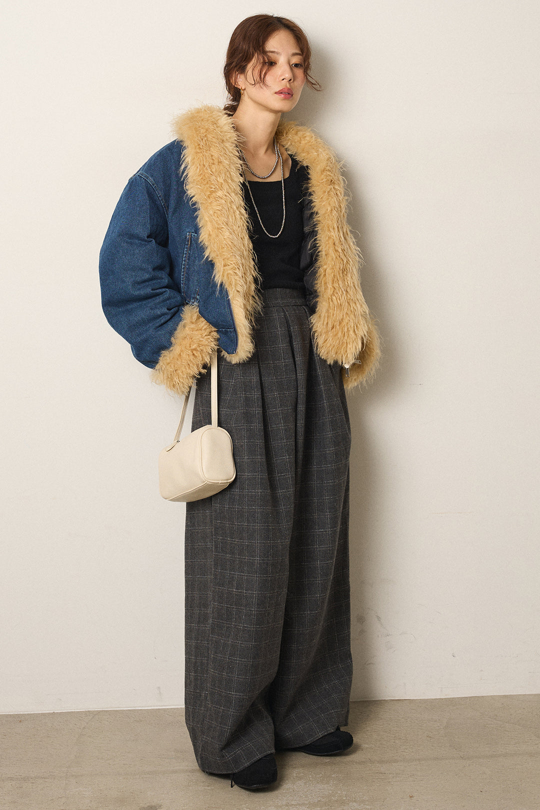 [SET]エコファーデニムボアジャケット+ウールライクチェックタックパンツ(2set)