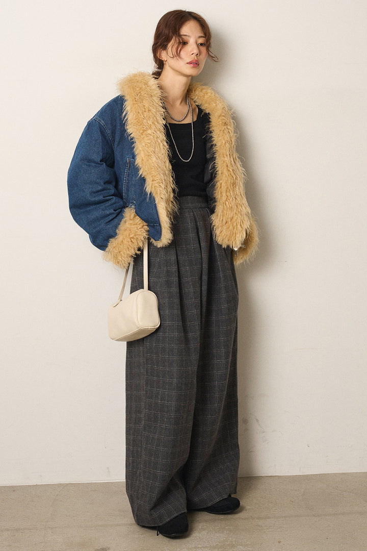 [SET]エコファーデニムボアジャケット+ウールライクチェックタックパンツ(2set)