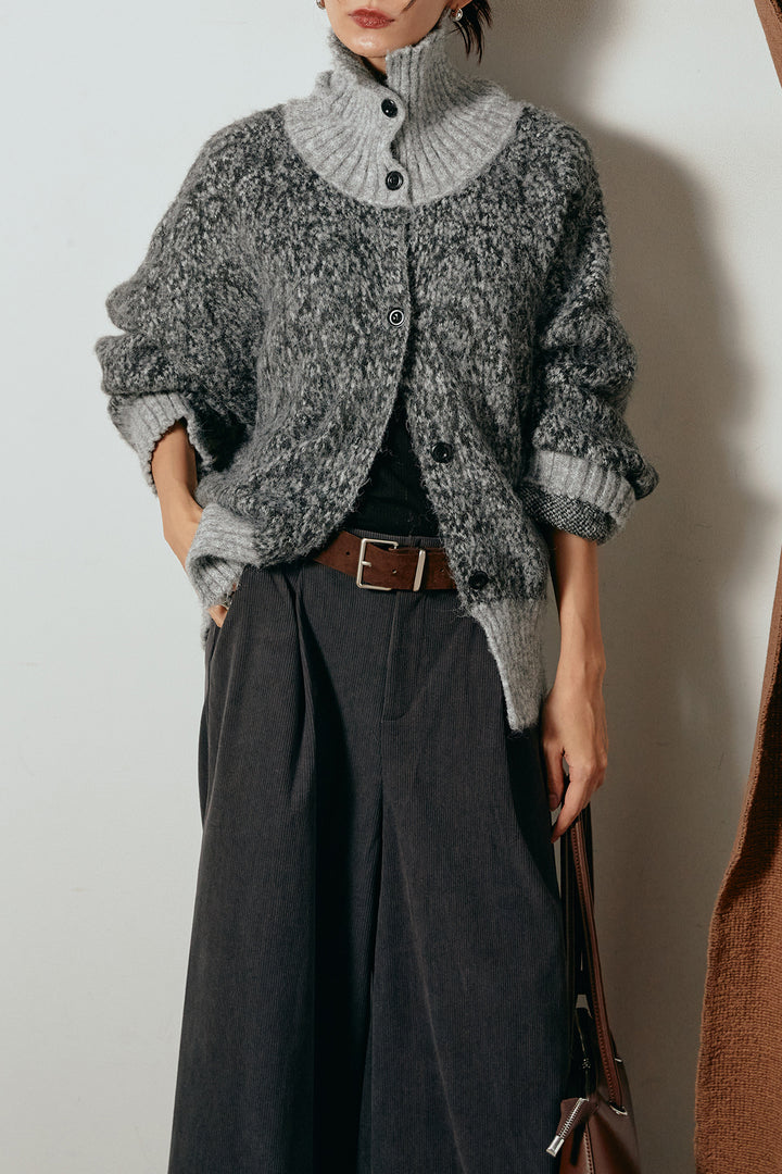 [SET]ハイネックミックスニットトップス+太ベルト付きコーデュロイタックパンツ(2set)