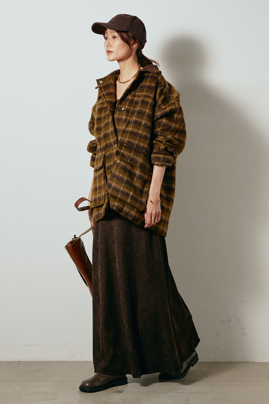 [SET]チェックシャギーミドルカバーオール+スウェードライクロングスカート(2set)