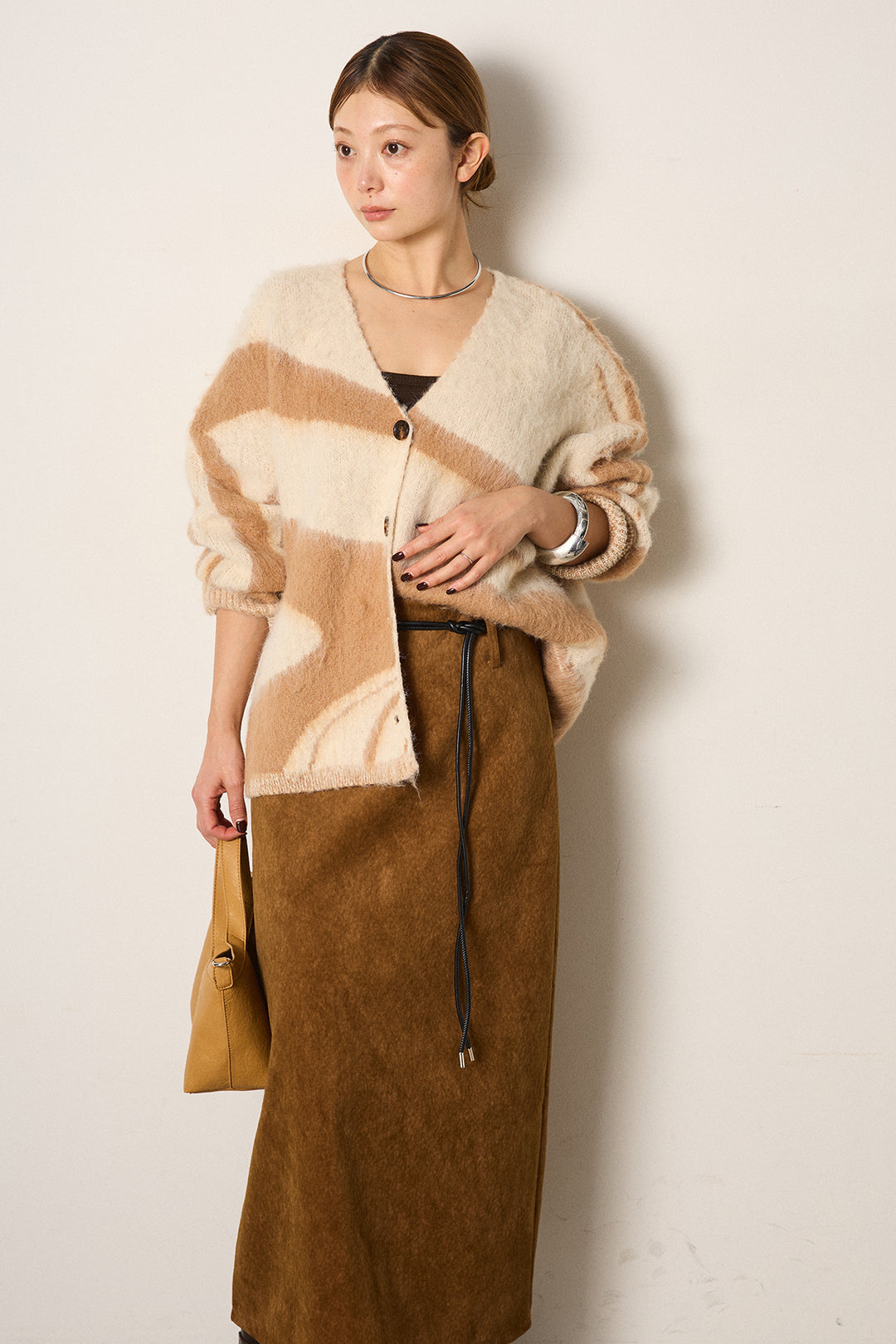 [SET]アクセントブラッシュドカーディガン+ロープベルト付きスウェード調スカート(2set)