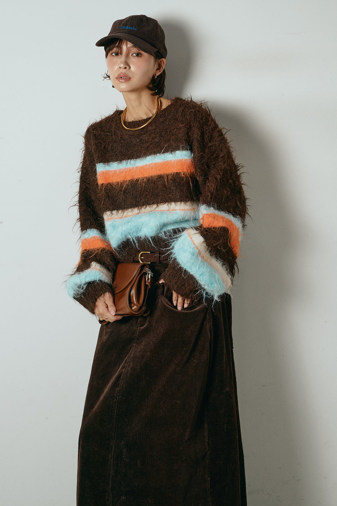 [SET]起毛配色マルチボーダーニットトップス+ポーチベルト付きコーデュロイワイドスカート(2set)