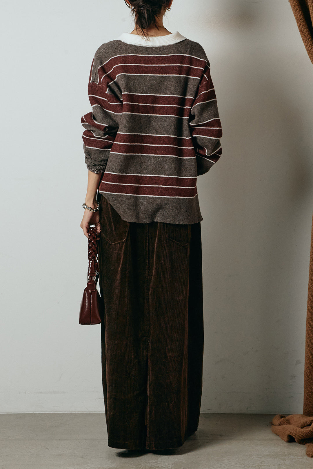 [SET]ラガーニットボーダーポロプルオーバー+ポーチベルト付きコーデュロイワイドスカート(2set)