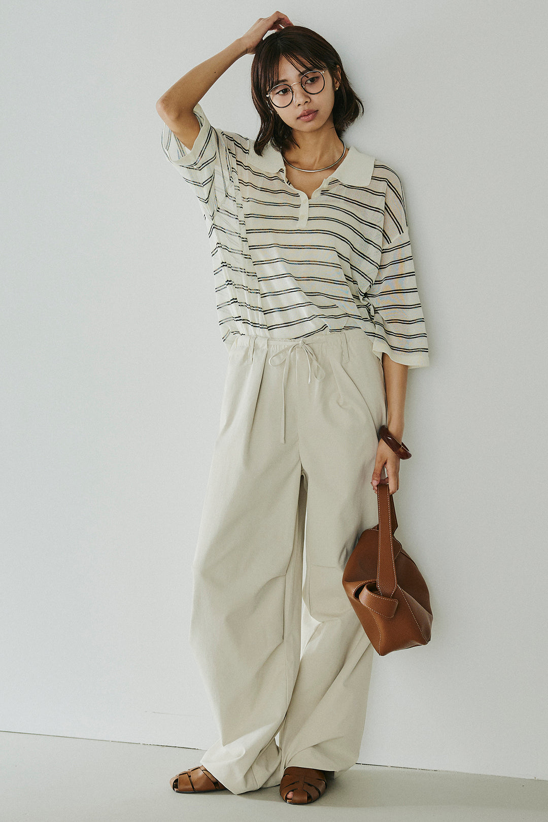 [SET]ボーダーニットポロシャツ+ニーサイドタックウエストドロスパンツ(2set)