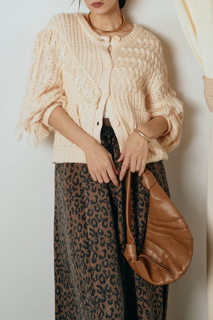 [SET]ランダムフリンジニットカーディガン+リラックスレオパード柄ワイドパンツ(2set)