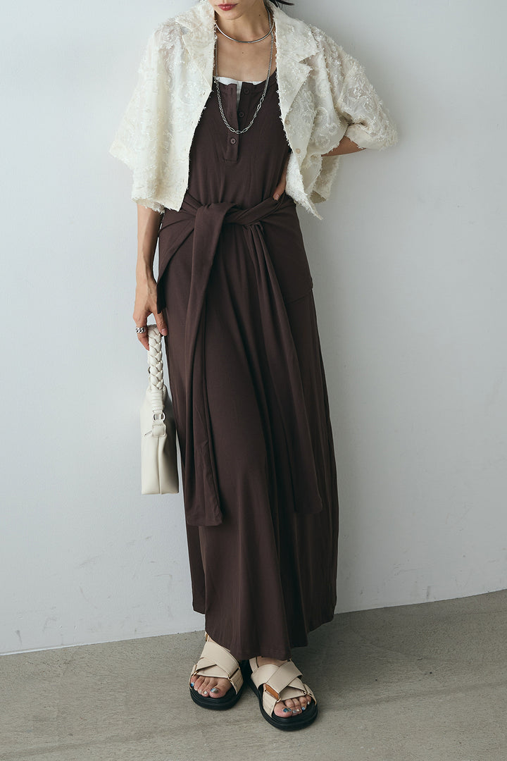 [SET]半袖オープンカラージャガード柄シャツ+ウエスト巻きリブロングワンピース(2set)