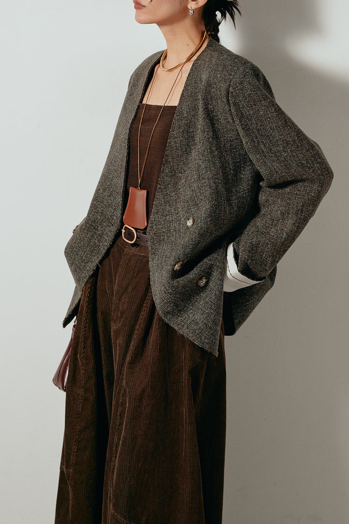 [SET]ノーカラーダブルボタンツイードジャケット+タック入りコーデュロイワイドパンツ(2set)