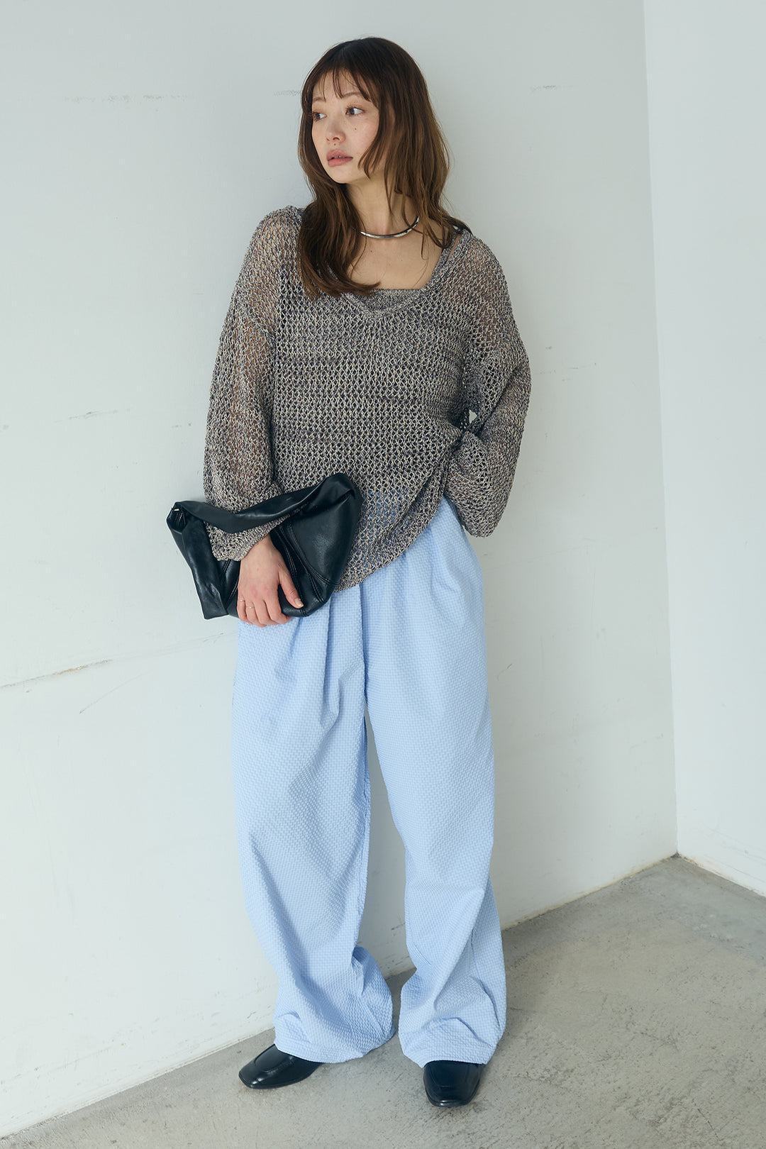 [SET]メッシュ編みビスチェセットVネックプルオーバー+シアサッカーイージーパンツ(2set)