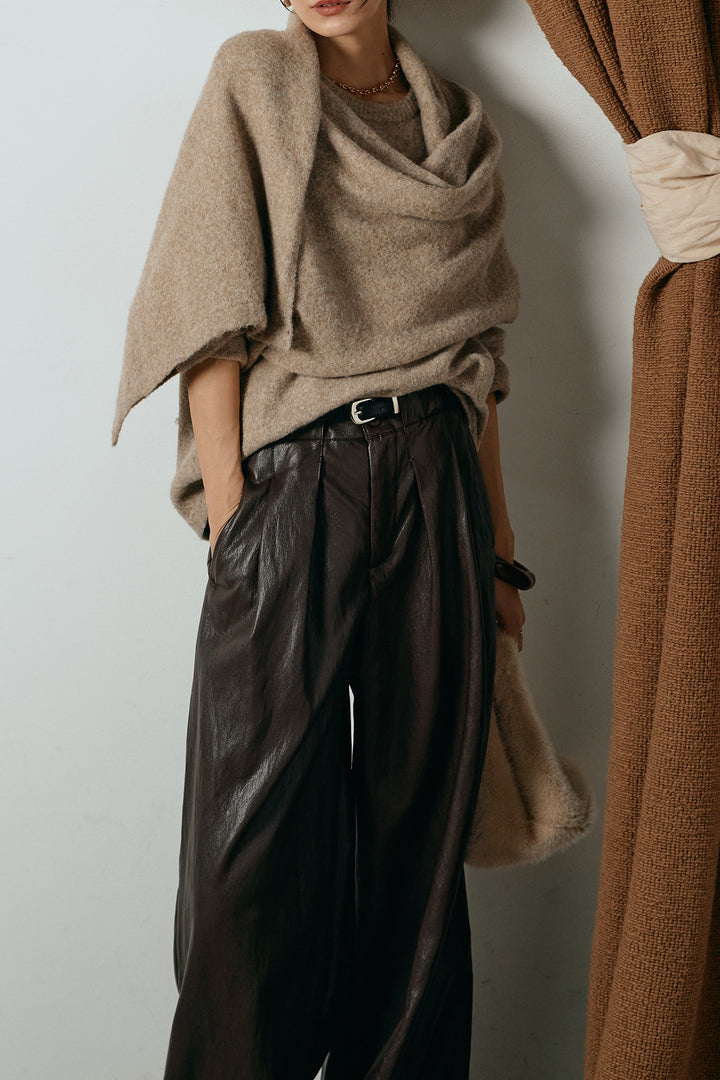 [SET]ネック巻きデザインニットトップス+ベルト付きレザーライクタックパンツ(2set)