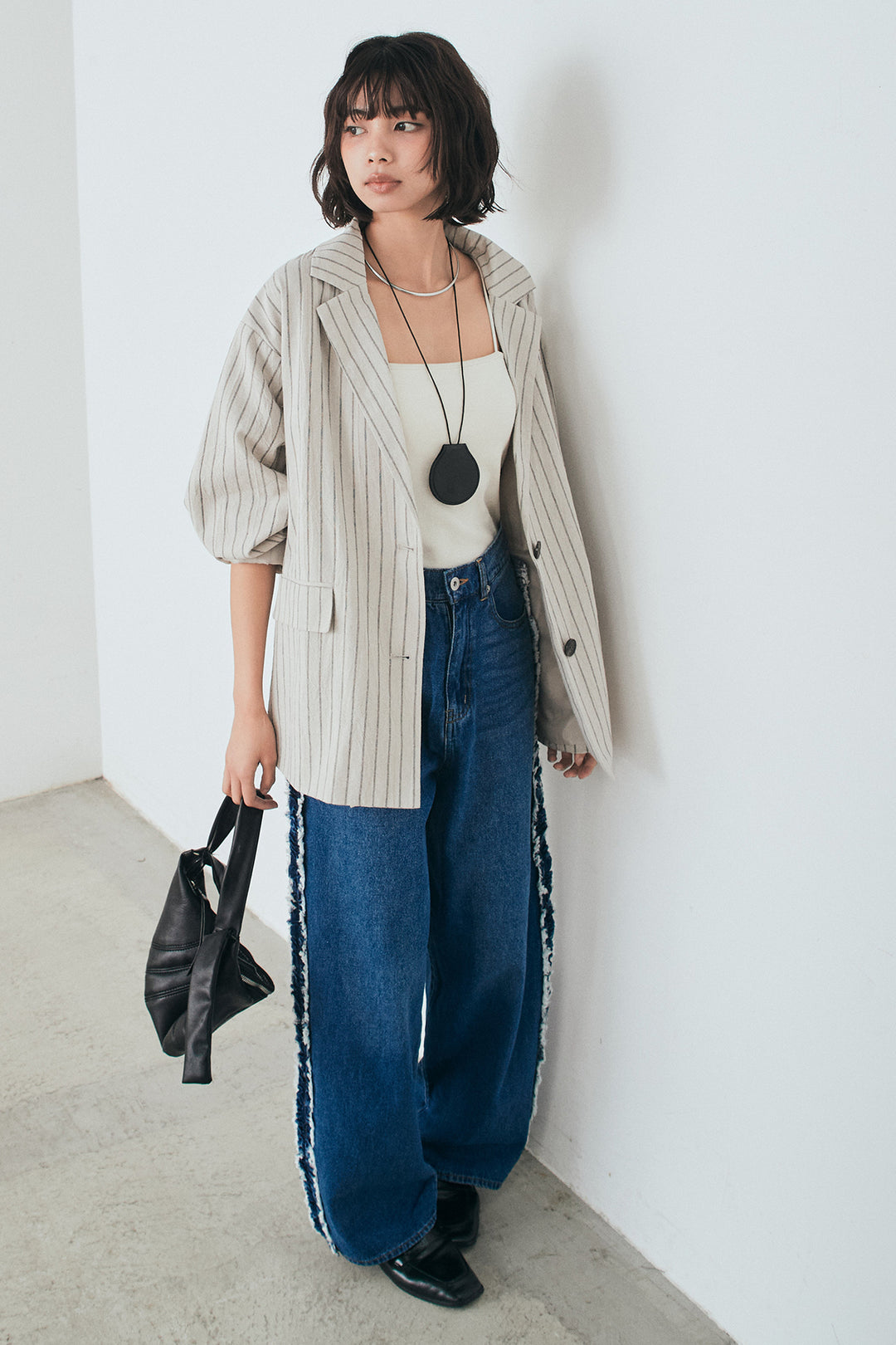 [SET]リネンライクストライプテーラードジャケット+デニムサイドフリルパンツ(2set)