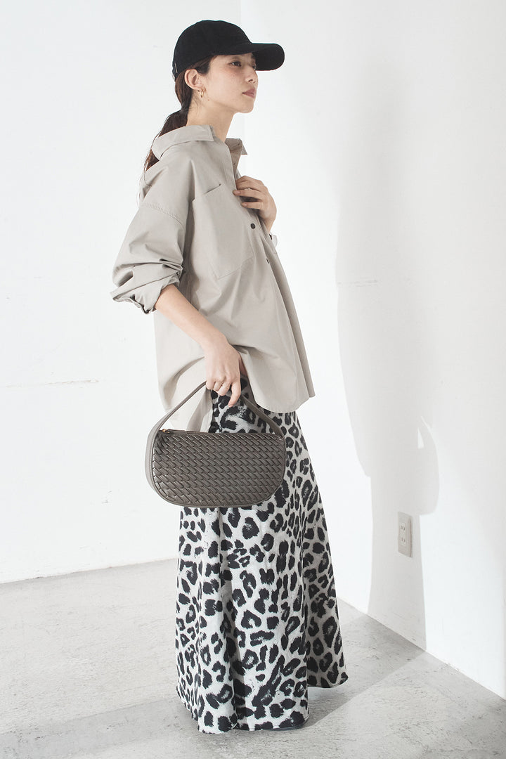 [SET]ウォッシャブルエコレザービックカフスシャツ+レオパードサテンナロースカート(2set)
