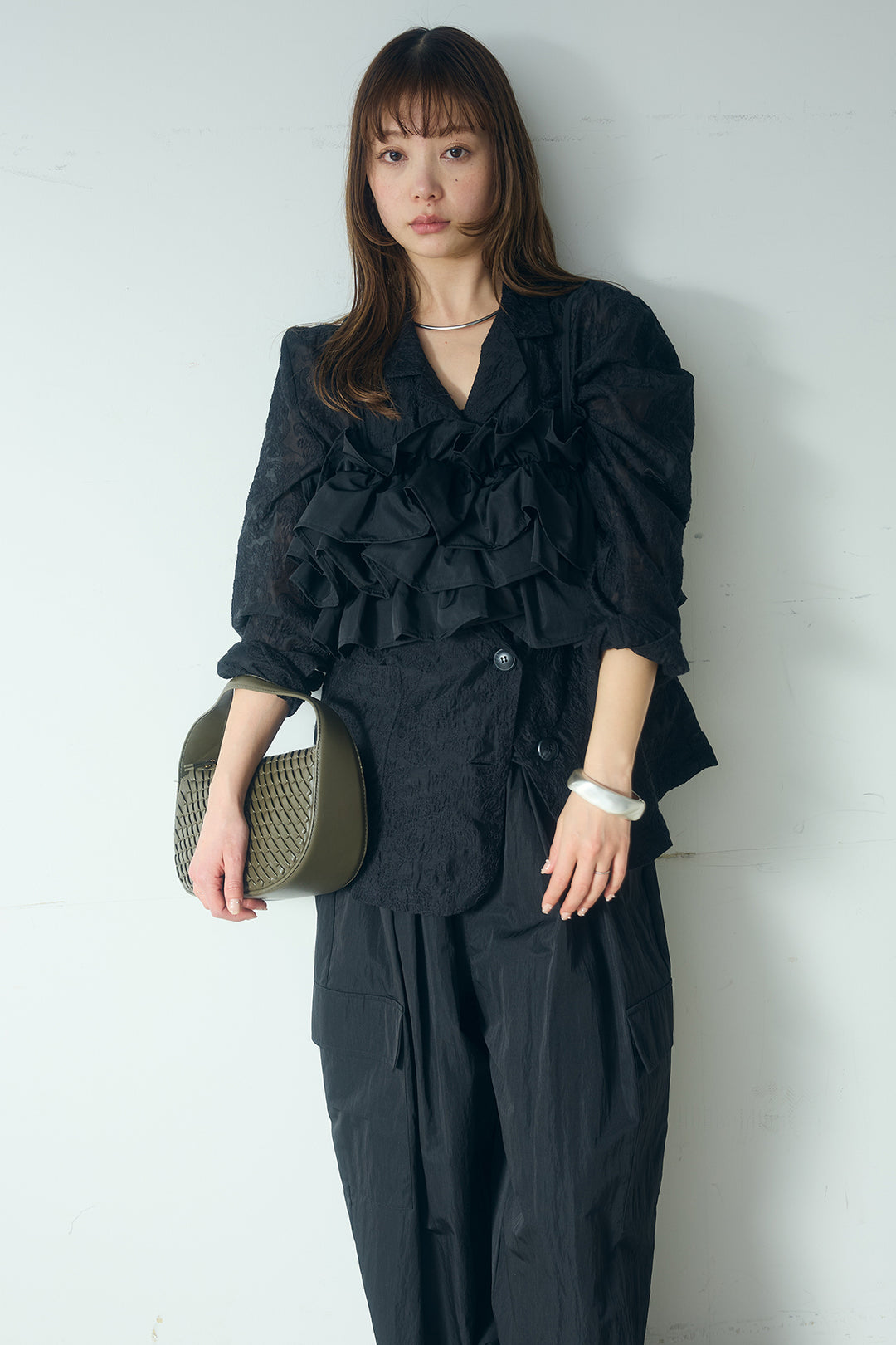 [SET]刺繍シアーテーラードジャケット+撥水フリルビスチェ+撥水ジョガーパンツ(3set)