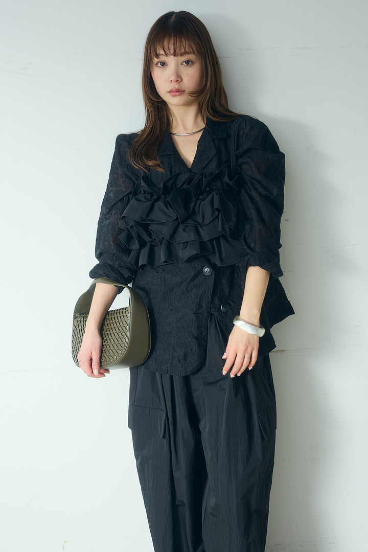 [SET]刺繍シアーテーラードジャケット+撥水フリルビスチェ+撥水ジョガーパンツ(3set)