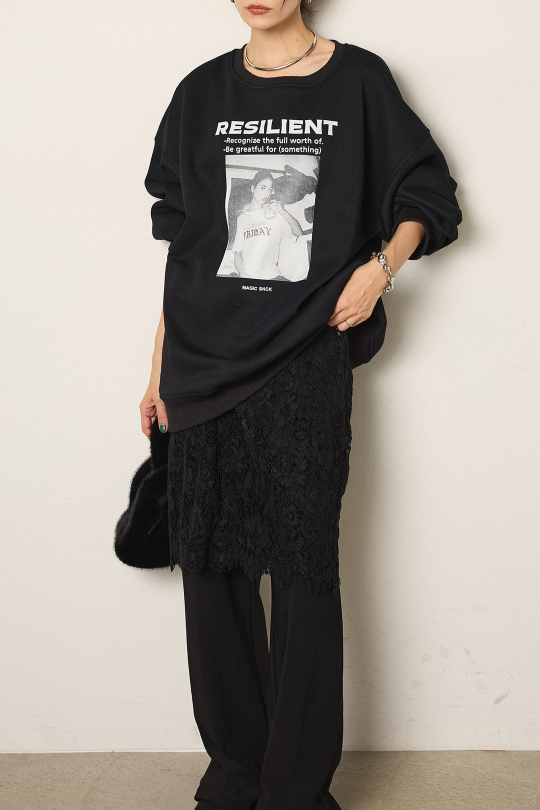 [SET]モノトーンプリントスウェット+レース刺繍レイヤードフレアパンツ(2set)