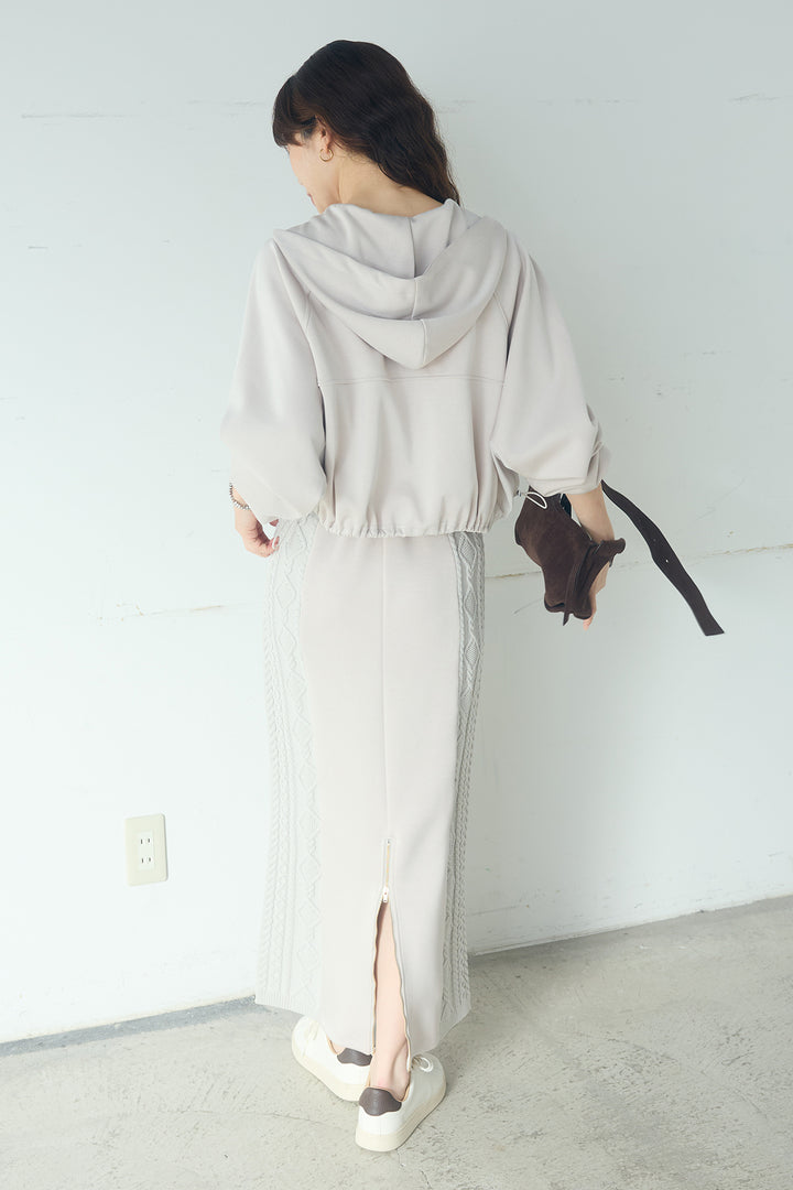 [SET]ドルマンショートフーディー+異素材ドッキングケーブルニットスカート(2set)