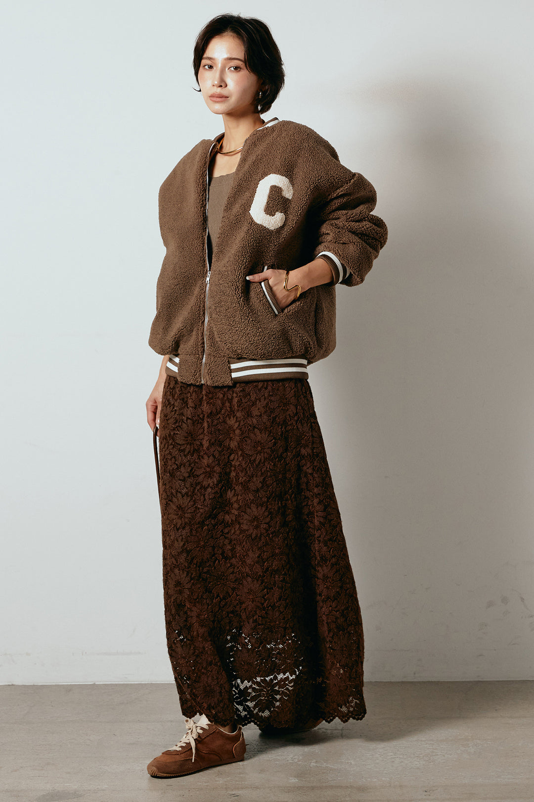 [SET]ロゴスタジャンボアブルゾン+花柄刺繍ベロアフレアスカート(2set)