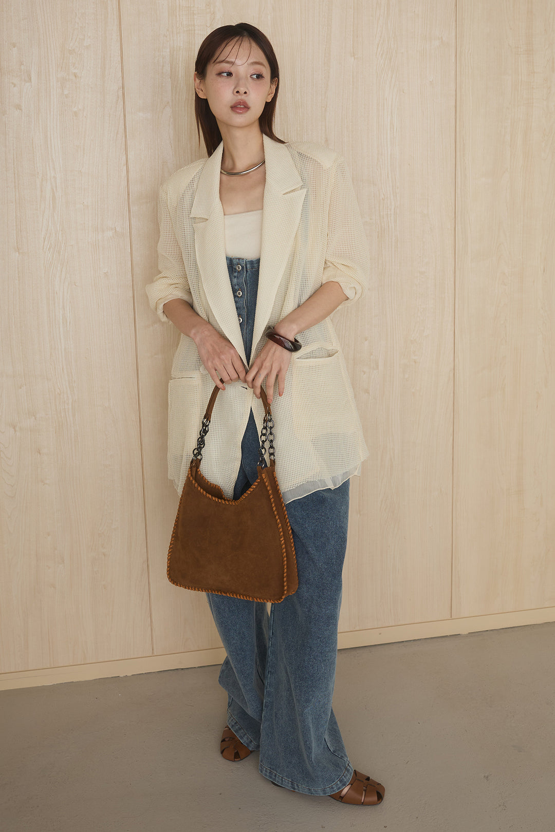 [SET]メッシュテーラードワイドジャケット+フロントボタンデニムサロペット(2set)