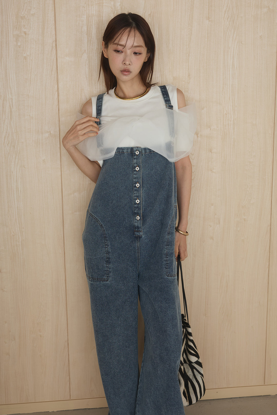 [SET]シアーレイヤーデザインカットソー+フロントボタンデニムサロペット(2set)