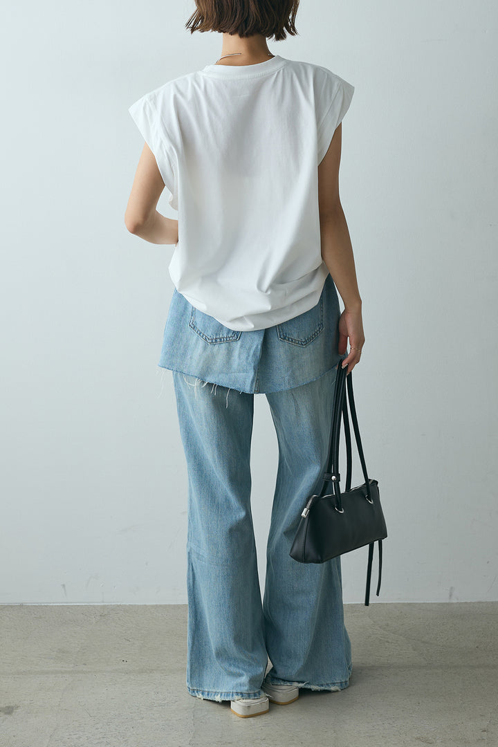 [SET]英字デザインノースリーブTシャツ+レイヤードデニムパンツ(2set)