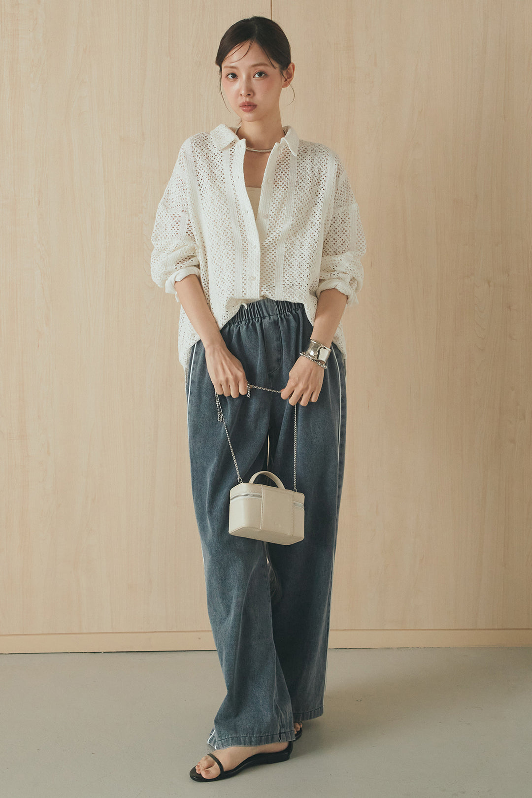 [SET]長袖襟付きレースシャツ+ドロストサイドラインデニムパンツ(2set)