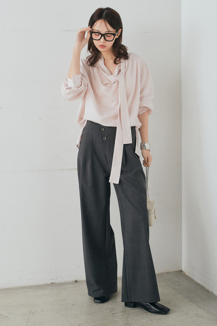 [SET]ニュアンスボータイブラウス+斜めボタンタック入りスラックス(2set)