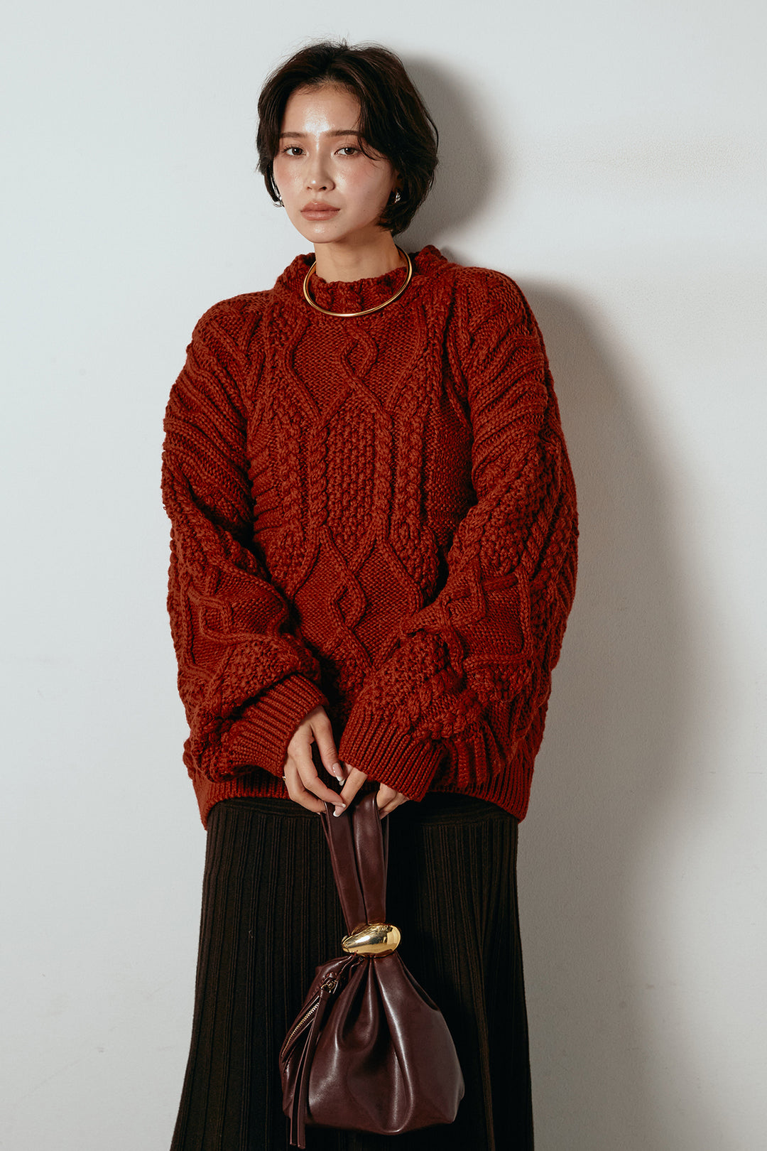 [SET]アラン柄ミックスケーブルニット+編み地切り替えフレアニットスカート(2set)