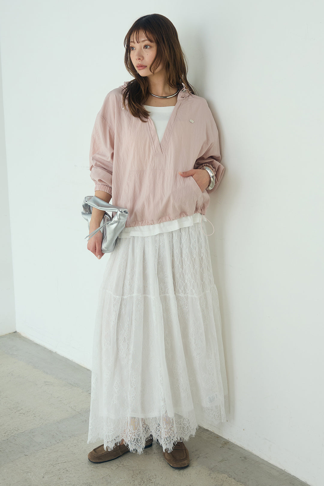[SET]レイヤードデザインフーディートップス+ひげレース切替ロング丈スカート(2set)