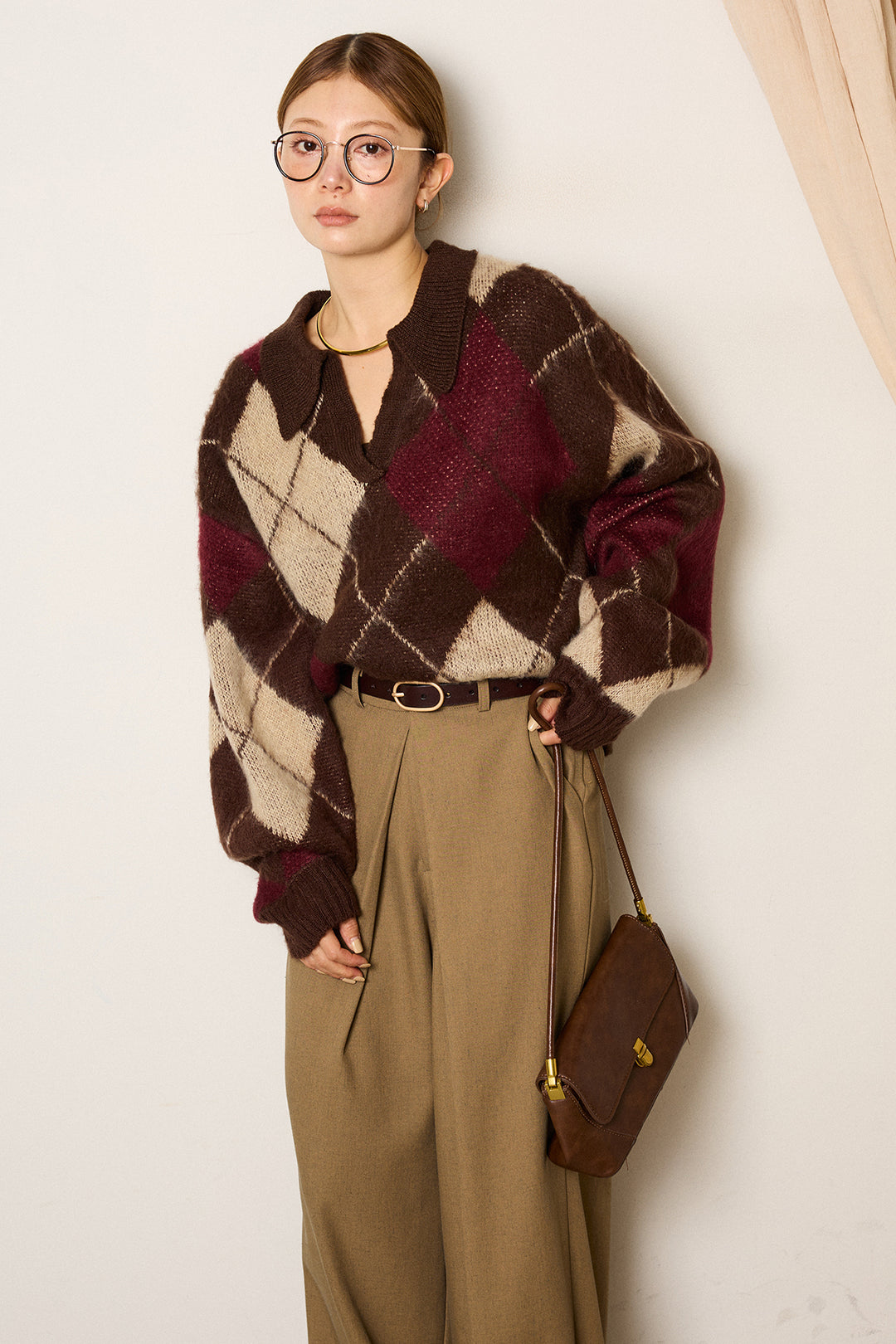 [SET]アクリルモヘアアーガイルキーネックプルオーバー+フロントワイドタックネップ入ワイドパンツ(2set)