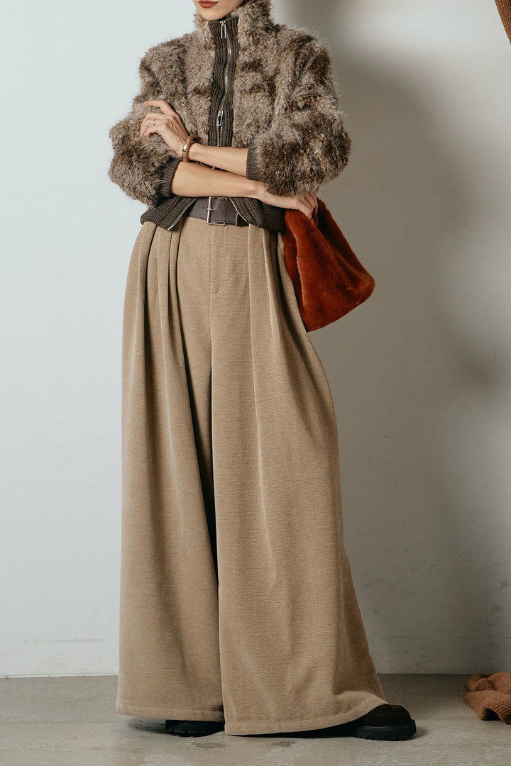 [SET]エコファースタンドカラーニュアンス柄ブルゾン+ベルトループコーデュロイワイドパンツ(2set)