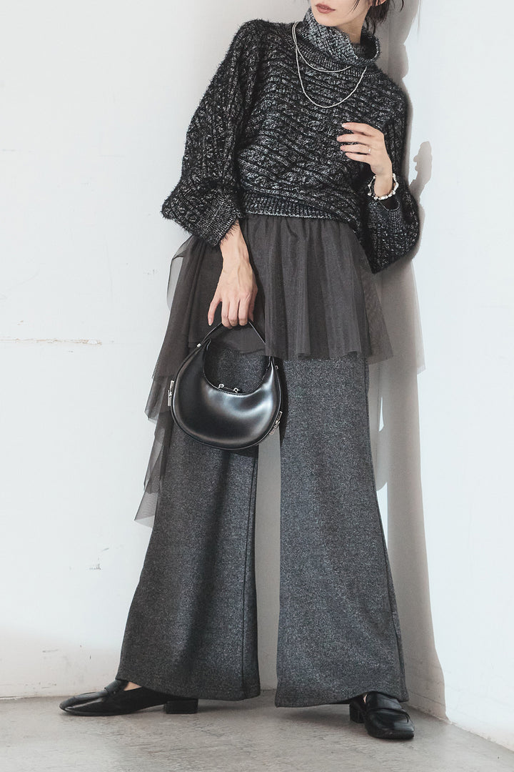 [SET]ミックス編みドルマンニットトップス+チュールレイヤードニットパンツ(2set)