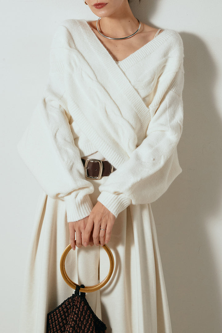 [SET]ケーブルカシュクールニットトップス+フェイクレザー太ベルト付きタックワイドパンツ(2set)