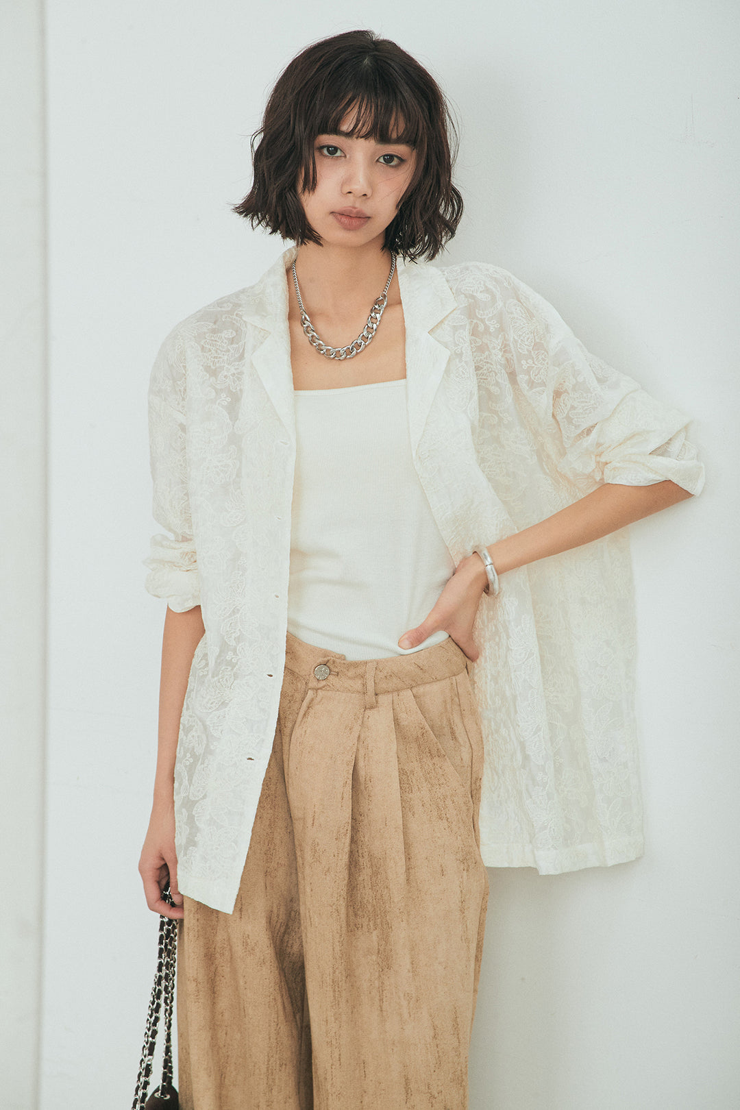 [SET]刺繍シアーオープンカラーシャツ+リネン混かすれ柄ワイドパンツ(2set)