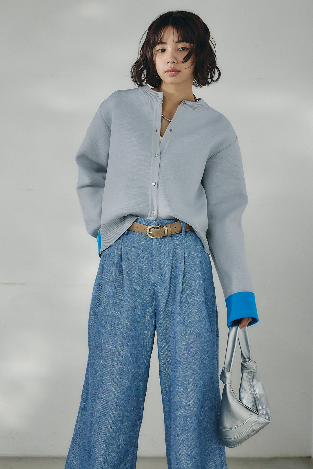 [SET]リバーシブル配色ニットカーディガン+デニムライクヘリンボーンタックパンツ(2set)