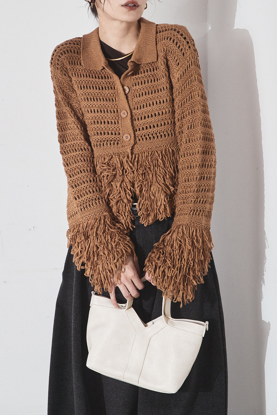 [SET]メッシュフリンジカーディガン+ウールタッチカーブワイドパンツ(2set)