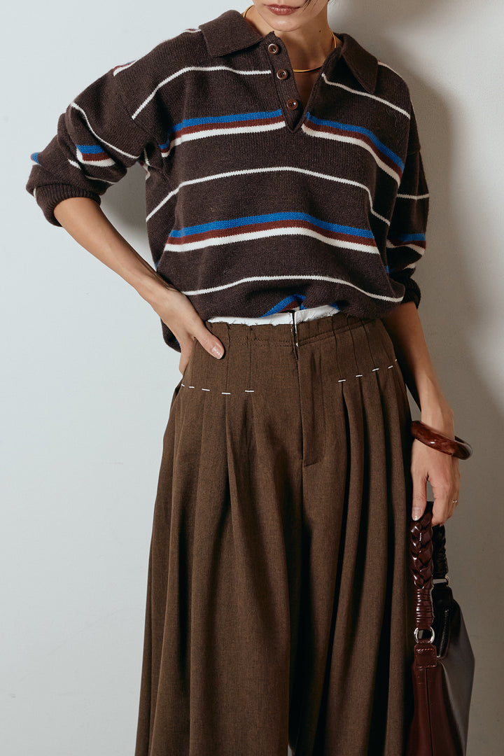 [SET]襟付きマルチボーダーニットポロトップス+ウエストステッチデザインワイドスラックス(2set)